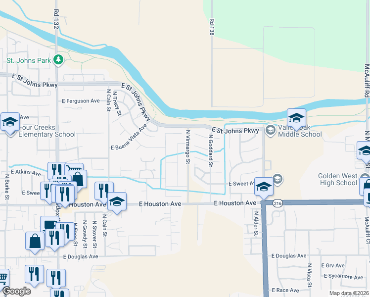 map of restaurants, bars, coffee shops, grocery stores, and more near 2333 East Four Creeks Court in Visalia
