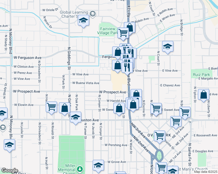 map of restaurants, bars, coffee shops, grocery stores, and more near 727 West Buena Vista Avenue in Visalia