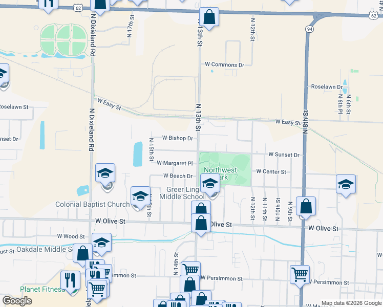 map of restaurants, bars, coffee shops, grocery stores, and more near 1308 West Bishop Drive in Rogers
