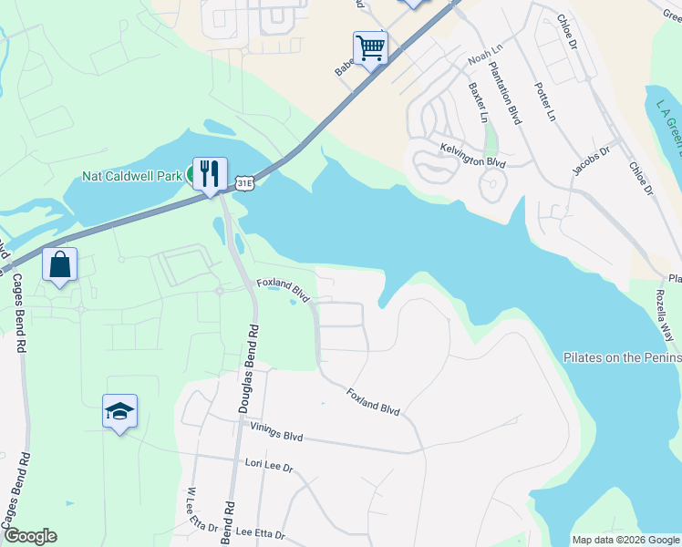 map of restaurants, bars, coffee shops, grocery stores, and more near 1445B Foxland Boulevard in Gallatin