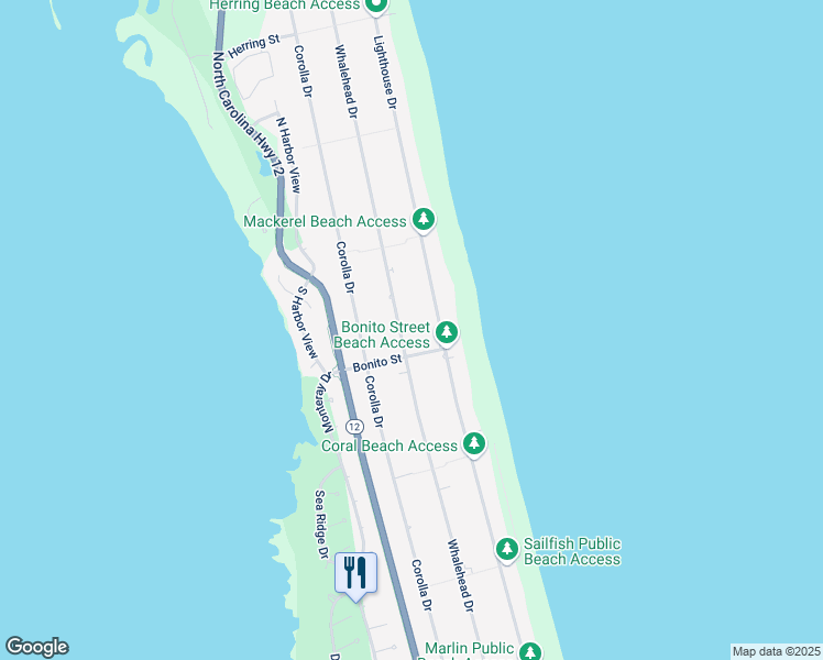 map of restaurants, bars, coffee shops, grocery stores, and more near 929 Whalehead Drive in Corolla