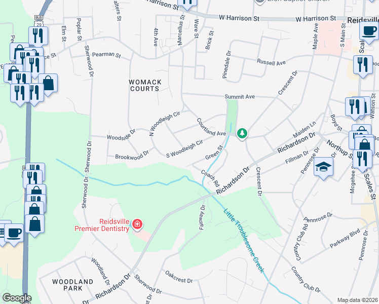 map of restaurants, bars, coffee shops, grocery stores, and more near 1404 Rosedale Boulevard in Reidsville