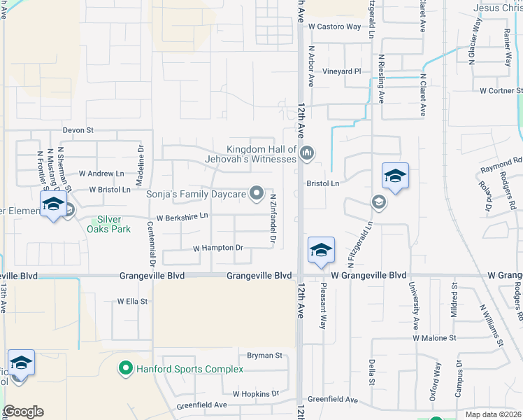 map of restaurants, bars, coffee shops, grocery stores, and more near 1936 North Zinfandel Drive in Hanford