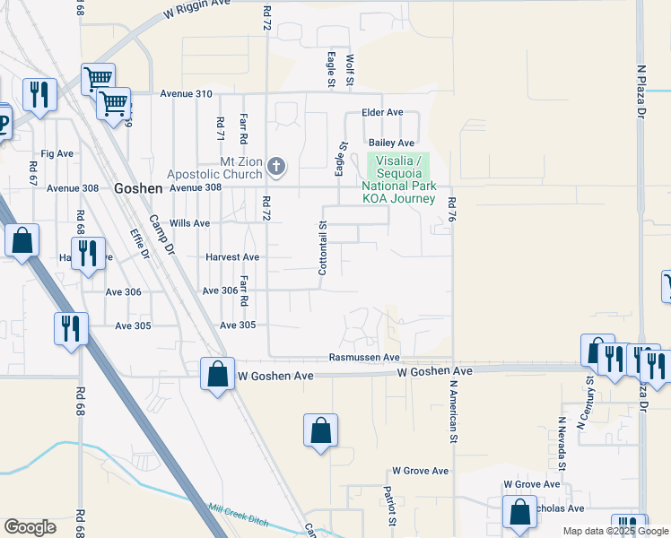 map of restaurants, bars, coffee shops, grocery stores, and more near 30639 Kit Fox Court in Visalia