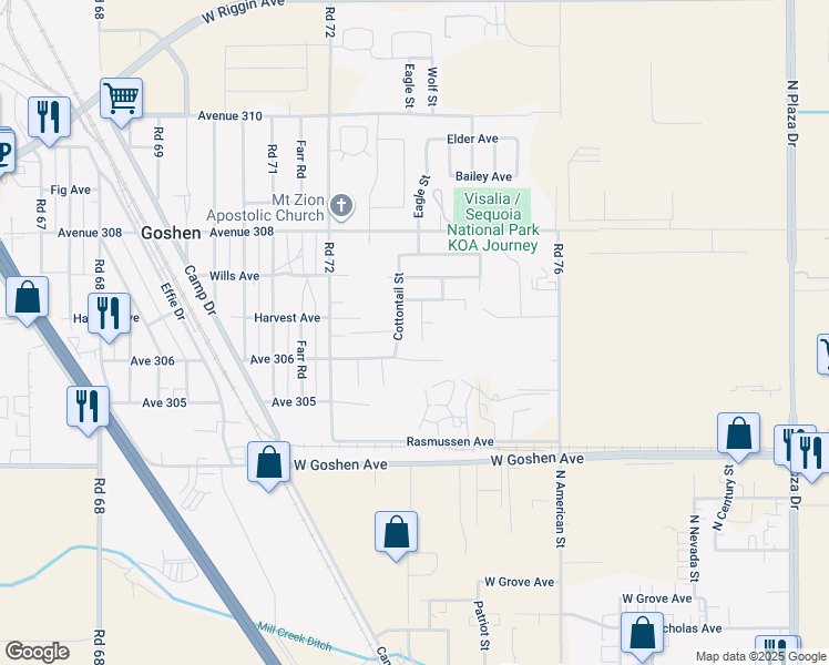 map of restaurants, bars, coffee shops, grocery stores, and more near 30639 Kit Fox Court in Visalia