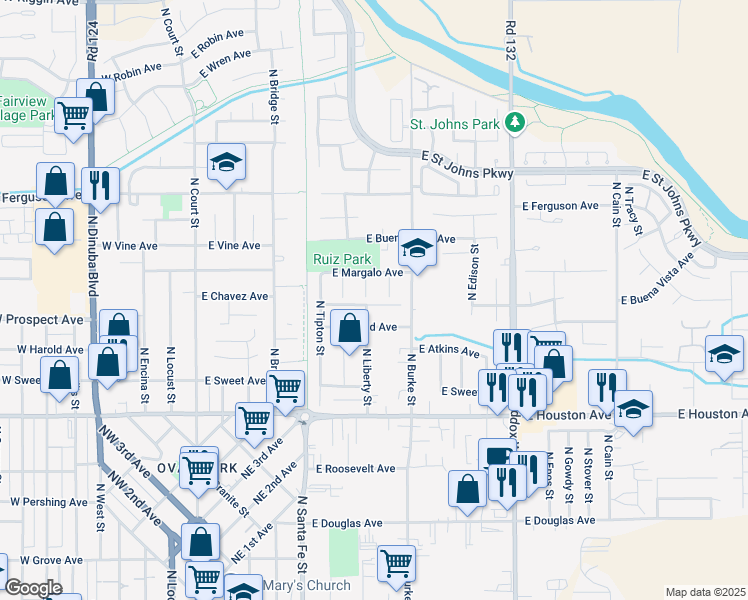 map of restaurants, bars, coffee shops, grocery stores, and more near 1826 North Liberty Court in Visalia