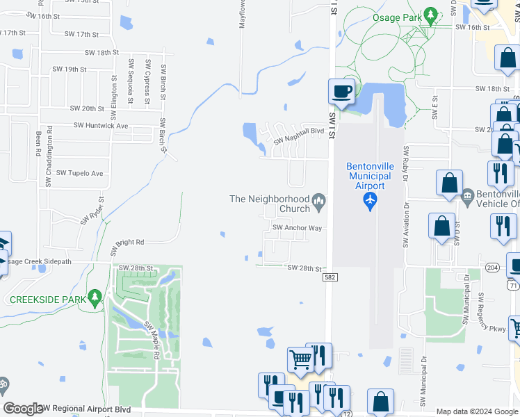 map of restaurants, bars, coffee shops, grocery stores, and more near 2702 Southwest Brandon Drive in Bentonville