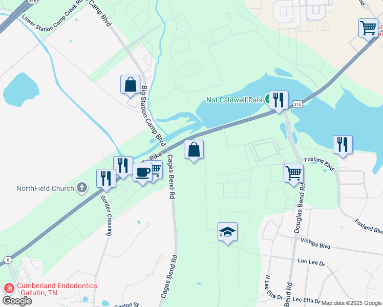 map of restaurants, bars, coffee shops, grocery stores, and more near 1965 Nashville Pike in Gallatin