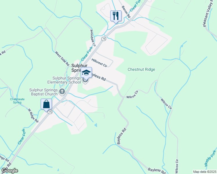 map of restaurants, bars, coffee shops, grocery stores, and more near 166 Bayless Road in Jonesborough
