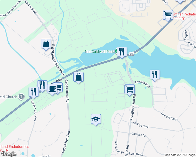 map of restaurants, bars, coffee shops, grocery stores, and more near 1845 Nashville Pike in Gallatin