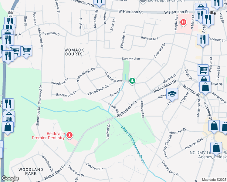 map of restaurants, bars, coffee shops, grocery stores, and more near 1101 South Woodleigh Circle in Reidsville