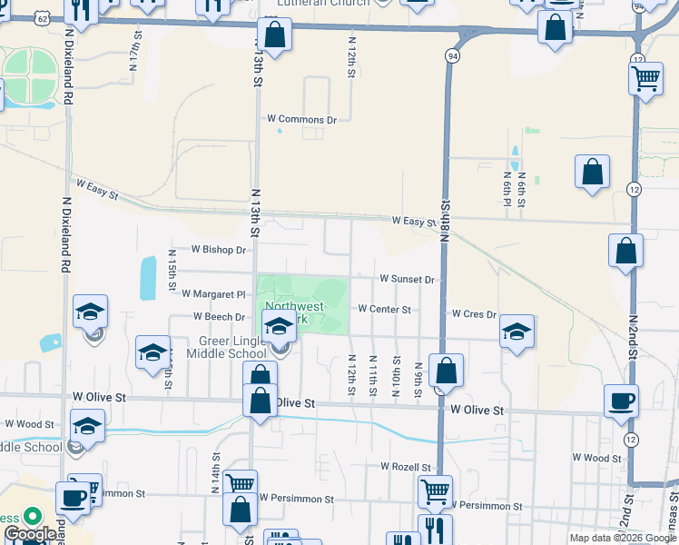 map of restaurants, bars, coffee shops, grocery stores, and more near 1222 West Bishop Drive in Rogers