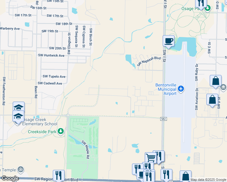 map of restaurants, bars, coffee shops, grocery stores, and more near 2303 Southwest Birch Street in Bentonville