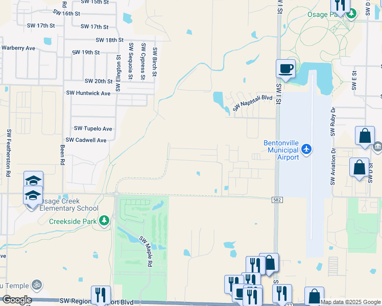 map of restaurants, bars, coffee shops, grocery stores, and more near 2303 Southwest Birch Street in Bentonville