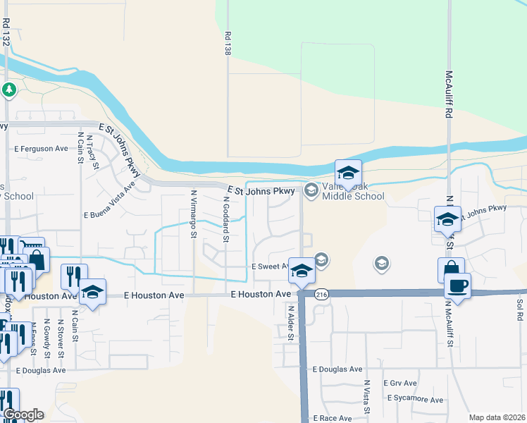 map of restaurants, bars, coffee shops, grocery stores, and more near 1918 North Cedar Court in Visalia