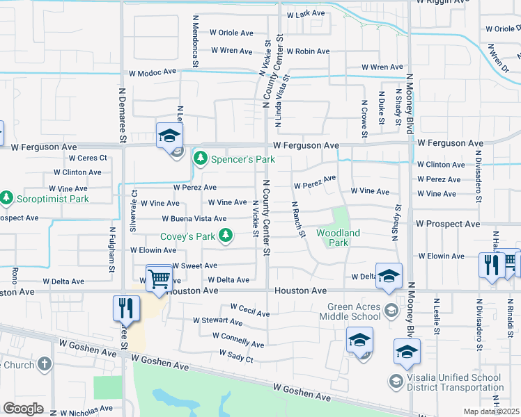 map of restaurants, bars, coffee shops, grocery stores, and more near 1820 North Vickie Street in Visalia