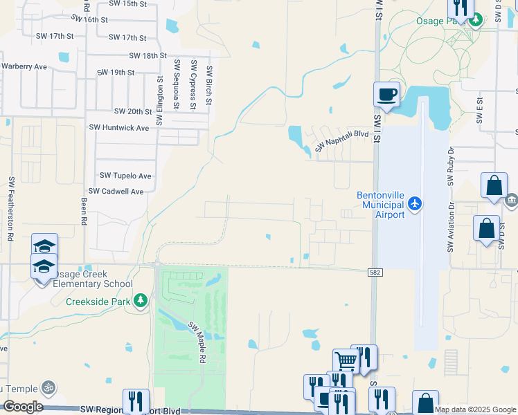 map of restaurants, bars, coffee shops, grocery stores, and more near 2303 Southwest Birch Street in Bentonville