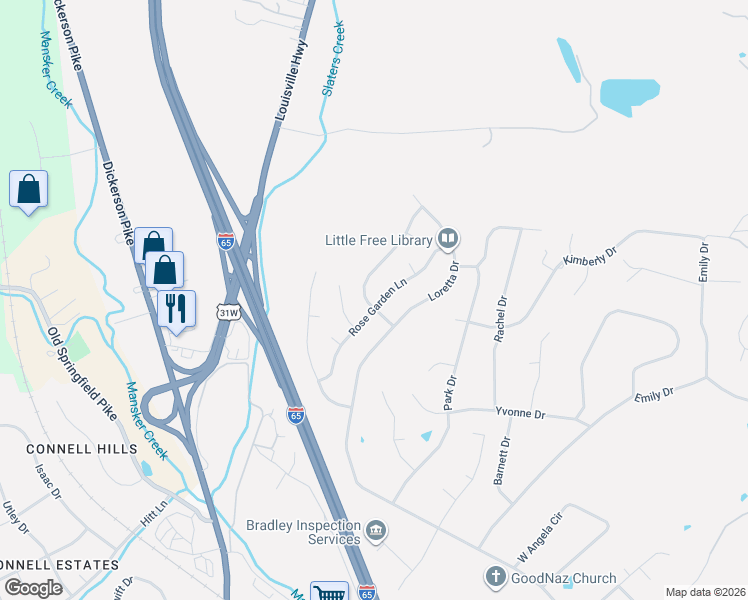 map of restaurants, bars, coffee shops, grocery stores, and more near 124 Rose Garden Lane in Goodlettsville