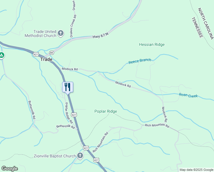 map of restaurants, bars, coffee shops, grocery stores, and more near 557 Modock Road in Trade