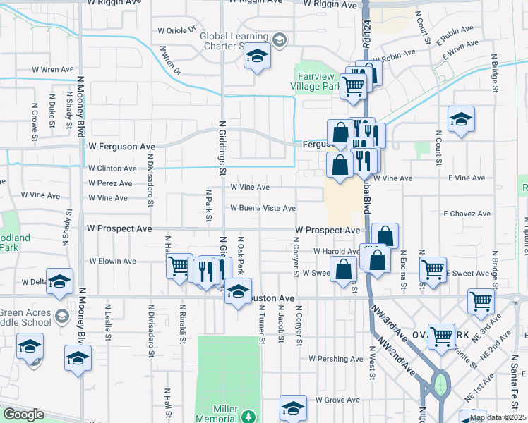 map of restaurants, bars, coffee shops, grocery stores, and more near 1830 North Turner Street in Visalia