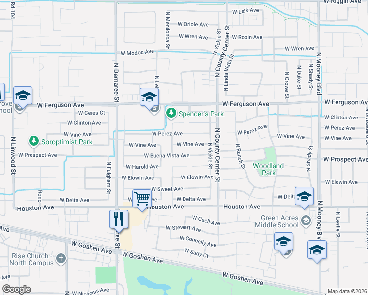 map of restaurants, bars, coffee shops, grocery stores, and more near 3206 West Vine Avenue in Visalia