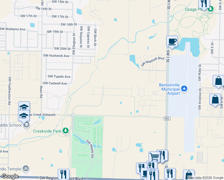 map of restaurants, bars, coffee shops, grocery stores, and more near 2303 Southwest Birch Street in Bentonville