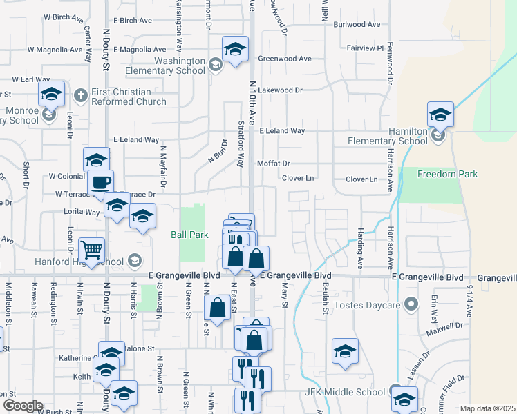 map of restaurants, bars, coffee shops, grocery stores, and more near 1845 North 10th Avenue in Hanford
