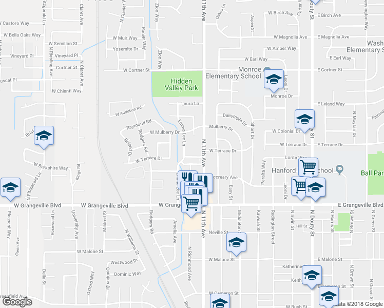 map of restaurants, bars, coffee shops, grocery stores, and more near 1911 Emma Lee Lane in Hanford
