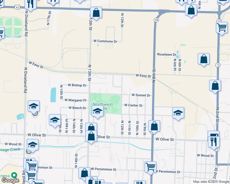 map of restaurants, bars, coffee shops, grocery stores, and more near 1222 West Bishop Drive in Rogers