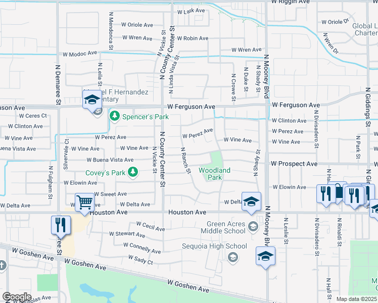 map of restaurants, bars, coffee shops, grocery stores, and more near 2632 West Buena Vista Avenue in Visalia