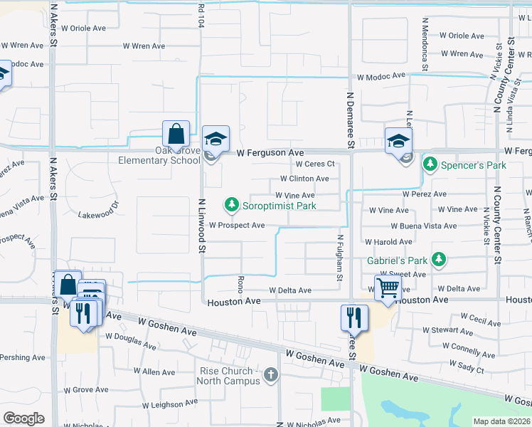 map of restaurants, bars, coffee shops, grocery stores, and more near 4122 West Buena Vista Avenue in Visalia