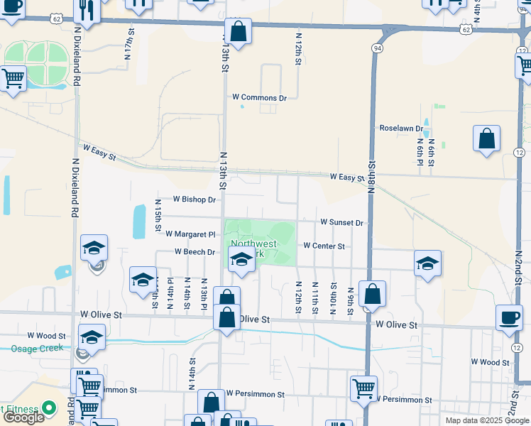 map of restaurants, bars, coffee shops, grocery stores, and more near 1261 West Sunset Drive in Rogers
