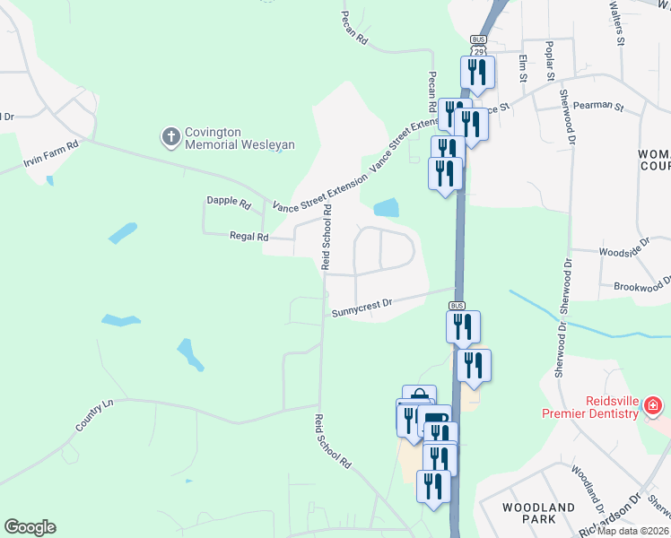 map of restaurants, bars, coffee shops, grocery stores, and more near 2508 Reid School Road in Reidsville