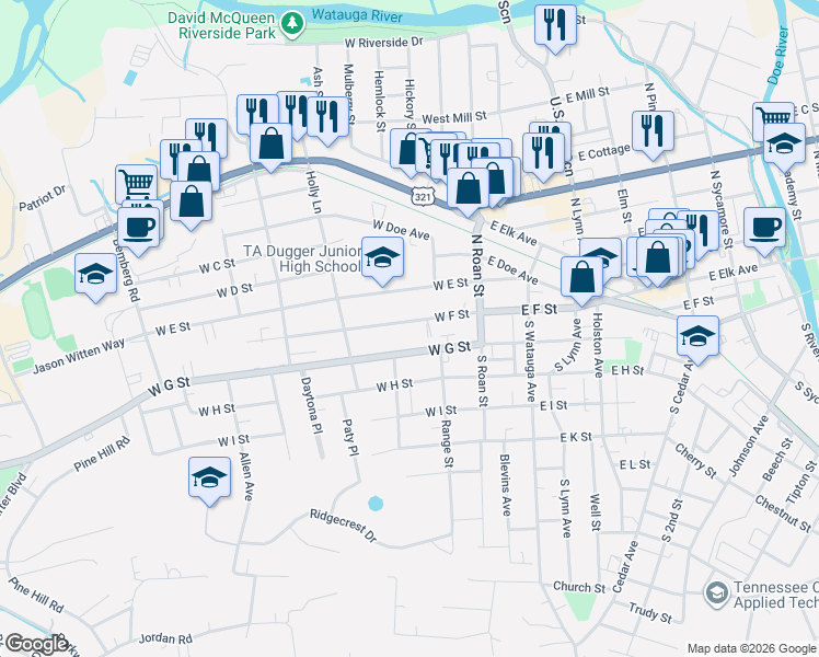 map of restaurants, bars, coffee shops, grocery stores, and more near 209 West F Street in Elizabethton