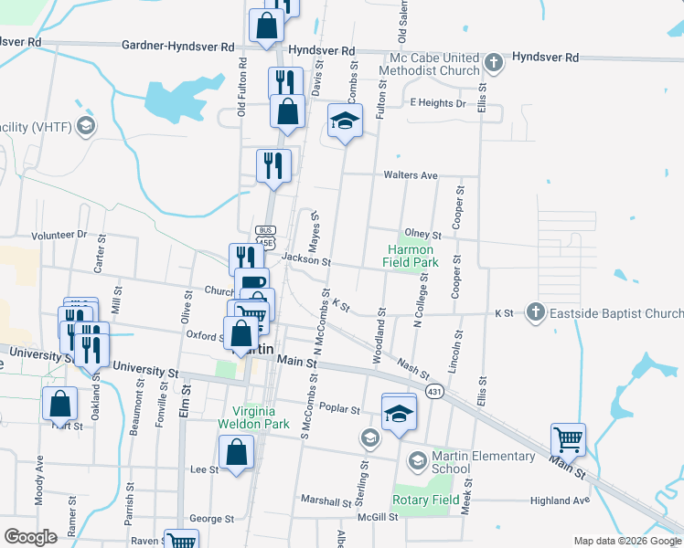 map of restaurants, bars, coffee shops, grocery stores, and more near 405 Jackson Street in Martin