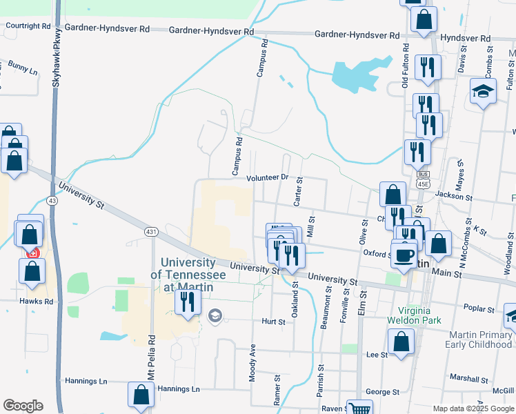 map of restaurants, bars, coffee shops, grocery stores, and more near 102 Moody Avenue in Martin