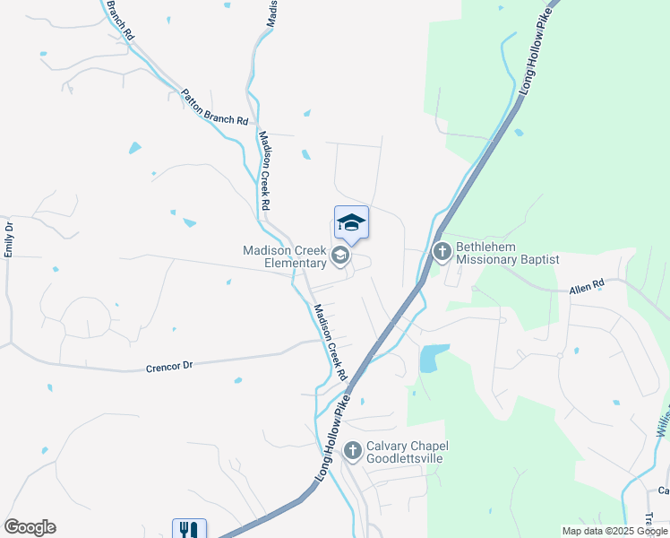 map of restaurants, bars, coffee shops, grocery stores, and more near 1040 Madison Creek Road in Goodlettsville