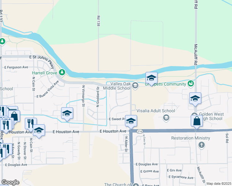 map of restaurants, bars, coffee shops, grocery stores, and more near 1901 North Maple Street in Visalia