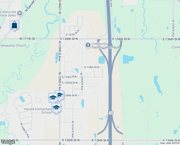 map of restaurants, bars, coffee shops, grocery stores, and more near 13366 North 134th East Avenue in Collinsville