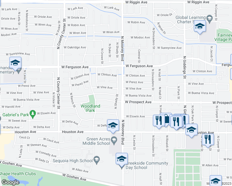 map of restaurants, bars, coffee shops, grocery stores, and more near 2210 West Buena Vista Avenue in Visalia