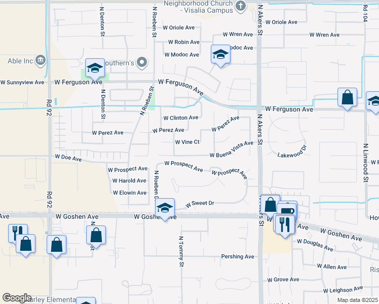 map of restaurants, bars, coffee shops, grocery stores, and more near 5746 West Buena Vista Avenue in Visalia