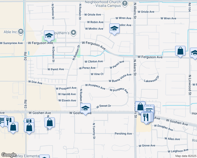 map of restaurants, bars, coffee shops, grocery stores, and more near 5746 West Buena Vista Avenue in Visalia