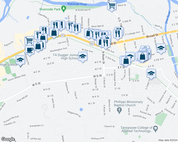 map of restaurants, bars, coffee shops, grocery stores, and more near 209 West F Street in Elizabethton