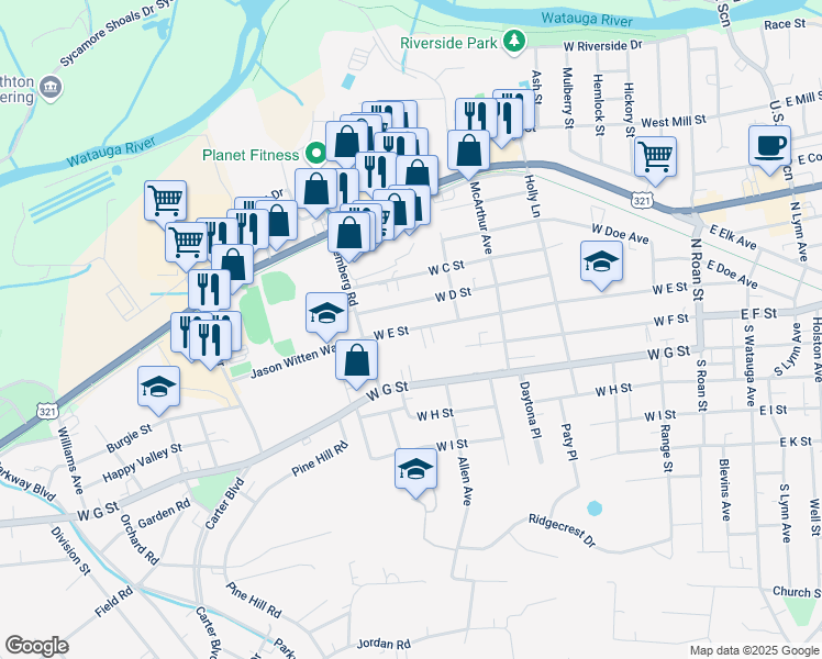 map of restaurants, bars, coffee shops, grocery stores, and more near 623 West E Street in Elizabethton