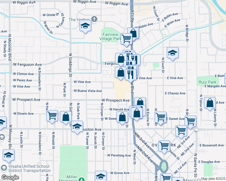 map of restaurants, bars, coffee shops, grocery stores, and more near 727 West Buena Vista Avenue in Visalia