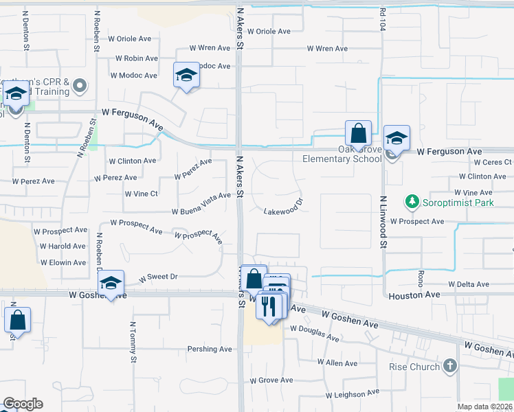 map of restaurants, bars, coffee shops, grocery stores, and more near 5077 Lakewood Drive in Visalia