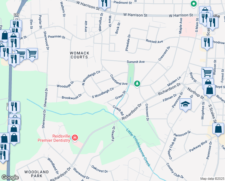 map of restaurants, bars, coffee shops, grocery stores, and more near 1115 S Woodleigh Cir in Reidsville
