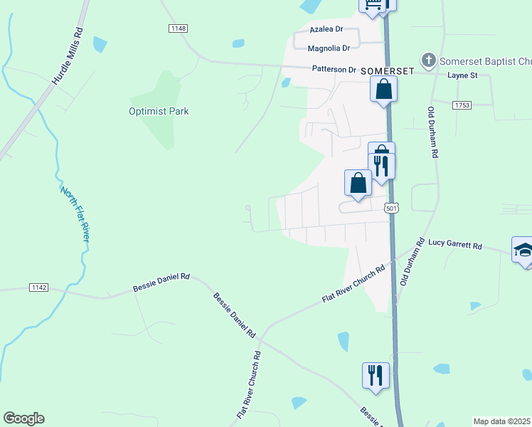 map of restaurants, bars, coffee shops, grocery stores, and more near 136 Bywood Drive in Roxboro