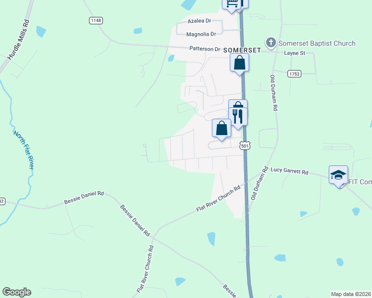 map of restaurants, bars, coffee shops, grocery stores, and more near 55 Hillcrest Avenue in Roxboro