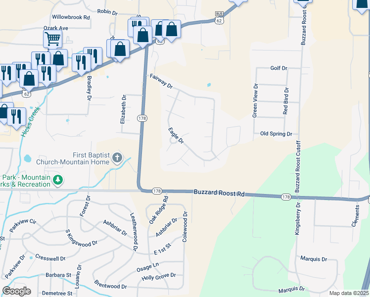 map of restaurants, bars, coffee shops, grocery stores, and more near 1809 Eagle Drive in Mountain Home